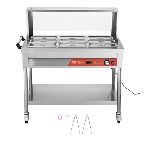 VEVOR 9-Pan Commercial Food Warmer, 9 x 1/3 Pans Electric Steam Table, 1500W Professional Buffet Catering Food Warmer with Shield Undershelf Wheels, Stainless Steel Server for Party Restaurant - size: 9-Pan