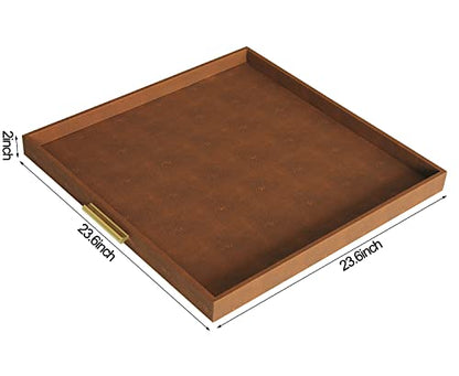 HofferRuffer Extra Large Square Serving Tray, Elegant Faux Leather Ottoman Tray with Gold Hardware Handles, Serve Tea, Coffee or Breakfast in Bed, 24 x 24 inches (Brown Shagreen) - color: Brown Shagreen, size: 24" x 24" x 2"