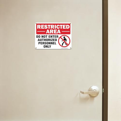 Restricted Area Do Not Enter Authorized Personnel Only Sign - 4 Pack - 10 x 7 Inches Rust Free .040 Aluminum - UV Protected, Waterproof, Weatherproof and Fade Resistant - 4 Pre-drilled Holes - color: Red - 10" x 7" - 4 Pack