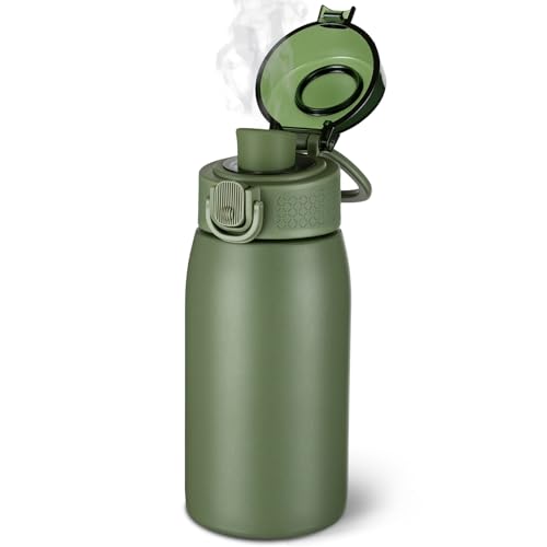 Insulated Water Bottle 12 oz with Dustproof Lid, Carry Handle & Tea Infuser, BPA-Free & Leakproof, Stainless Steel Water Bottles Ideal for Fitness, Hiking, Office & Outdoor Use （Olive Green ） - color: Olive Green, size: 12 Ounces