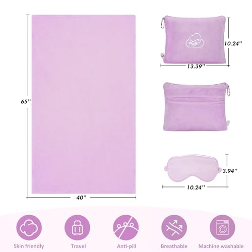 Travel Blanket Pillow,Airplane Blanket Compact with Bag Eye Mask, Ultra-Soft,Warm & Lightweight Included,Travel Essentials for Women & Men, Luggage Sleeve & Backpack Clip 65x40 in,Purple - color: Purple