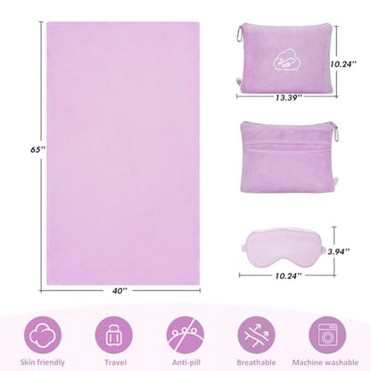 Travel Blanket Pillow,Airplane Blanket Compact with Bag Eye Mask, Ultra-Soft,Warm & Lightweight Included,Travel Essentials for Women & Men, Luggage Sleeve & Backpack Clip 65x40 in,Purple - color: Purple