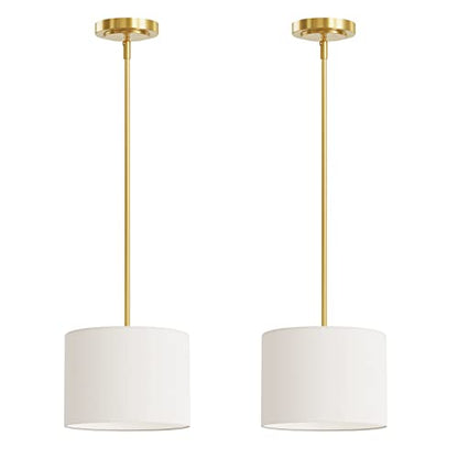 Electro bp;9" Dia White Linen Drum Shade Hanging Pendant Light Fixture with Polished Gold Pole Kit,E26,Hardwired,2-Pack; - color: Gold 2-Pack Pendant