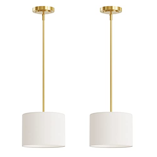 Electro bp;9" Dia White Linen Drum Shade Hanging Pendant Light Fixture with Polished Gold Pole Kit,E26,Hardwired,2-Pack; - color: Gold 2-Pack Pendant