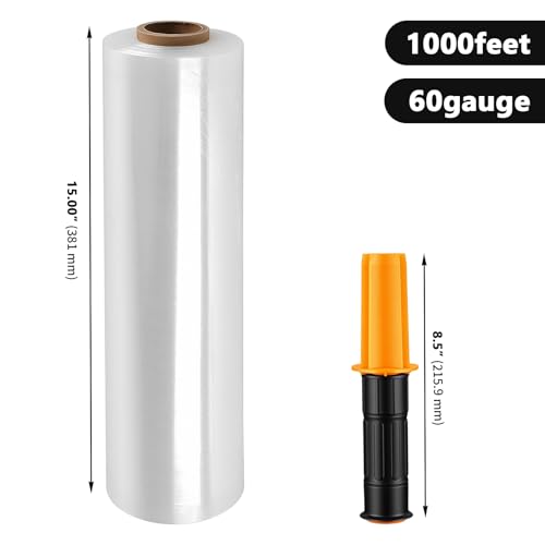 2 Pcs Stretch Wrap with Handles, 15 in x 1000 Ft, 60 Gauge Industrial Strength Stretch Film Roll, Heavy Duty Clear Shrink Plastic Wrap for Moving, Shipping, Packing, Pallet Wrapping