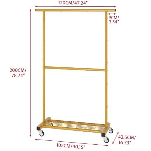 Sywhitta Double Rod Metal Clothing Rack on Wheels with Bottom Mesh,Gold - color: Gold, size: With mesh
