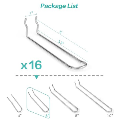 Pegboard Dual-arm Hooks 16pcs Heavy Duty Tool Hanging Holders (Silver, 6") - color: Silver, size: 6 Inch