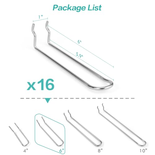Pegboard Dual-arm Hooks 16pcs Heavy Duty Tool Hanging Holders (Silver, 6") - color: Silver, size: 6 Inch