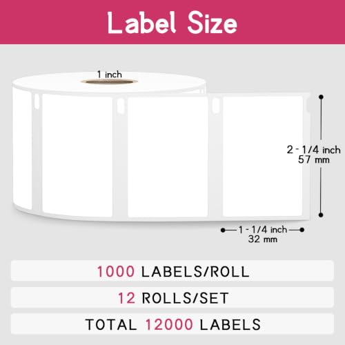 12 Rolls, 12000 Barcodes Labels Replacement for DYMO 30334 1-1/4" x 2-1/4" - size: 2-1/4" x 1-1/4" | 30334-12 Rolls