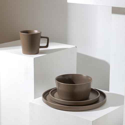 Stone Lain Celina Stoneware 16-Piece Modern Dinnerware Set, Plates and Bowls, Matte Brown, Service For 4, Microwave & Dishwasher Safe - color: Matte Brown, size: Service For 4, style: Dinnerware Set