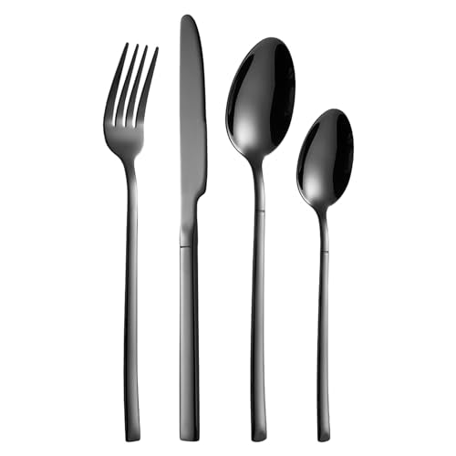 4 Piece Flatware Set - Stainless Steel Mirror Polished Silverware Kit Lightweight Fork & Spoons Cutlery Set for Home, Restaurant, Party, Wedding Gift (Black) - color: Black