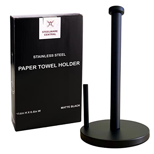 Black Paper Towel Holder Countertop - Weighted Stainless Steel Paper Towel Stand with Non-Slip Base & One-Hand Tear Design for Kitchen, Fits Standard & Jumbo Rolls