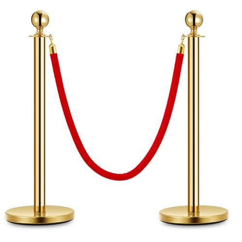 2 PCs Gold Stanchion Posts with 5ft Red Velvet Ropes, Stainless Steel Retractable Barrier Set, Crowd Control Barriers for Events, Parties, Theaters, Museums (2 Posts & 1 Ropes)