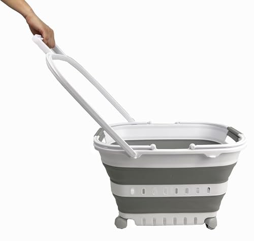 SAMMART 35L (9.24 Gallons) Collapsible Plastic Laundry Basket with Handle and Wheels - Foldable Pop Up Storage Container/Organizer with handle and wheels - Space Saving (1, White/Grey)