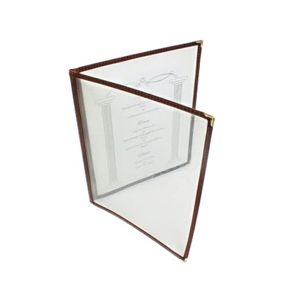 TrueCraftware- 8-1/2” x 11” Brown Double Fold Restaurant Menu Covers 2 Page 4 View Set of 10- Crystal Clear Café Menu Holders Fits A4 Size Paper Menu Covers Clear Menu Sleeves - color: Brown