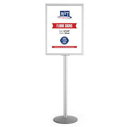 M&T Displays Sign Holder Stand, Silver 22x28 Inch Poster Frame Double Sided Slide-In Aluminum Easy Loading Floor Standing Pedestal Advertisement Post Commercial Menu Holder Round Heavyweight Base