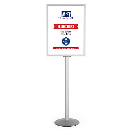 M&T Displays Sign Holder Stand, Silver 22x28 Inch Poster Frame Double Sided Slide-In Aluminum Easy Loading Floor Standing Pedestal Advertisement Post Commercial Menu Holder Round Heavyweight Base