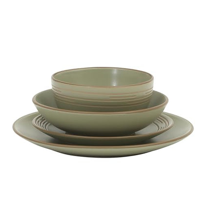 Gibson Home Chiswick House 16-Piece Stoneware Dinnerware Set, Round Plates and Bowls Set for 4, Green with Wax Relief Embossed Rim Detail, Dishwasher Safe – Dinner Plate, Salad Plate & Cereal Bowl - color: Green w/ Wax Relief Embossed Rim (Chiswick House)