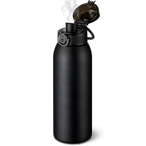 Insulated Water Bottle 24 oz with Dustproof Lid, Carry Handle & Tea Infuser, BPA-Free & Leakproof, Stainless Steel Water Bottles Ideal for Fitness, Hiking, Office & Outdoor Use (Black) - color: Black, size: 24 Ounces