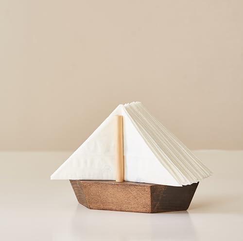 HMC Wooden Sailboat Napkin Holder – The Smooth Sailor Nautical Tabletop Dispenser for Coastal Home & Kitchen Décor, Durable Wooden Construction