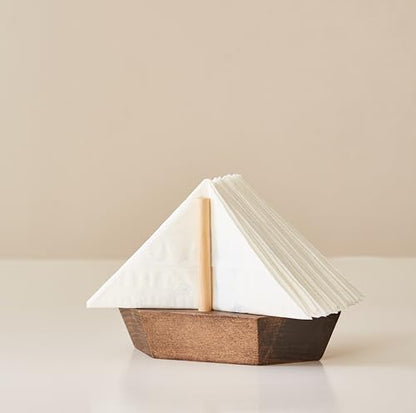 HMC Wooden Sailboat Napkin Holder – The Smooth Sailor Nautical Tabletop Dispenser for Coastal Home & Kitchen Décor, Durable Wooden Construction