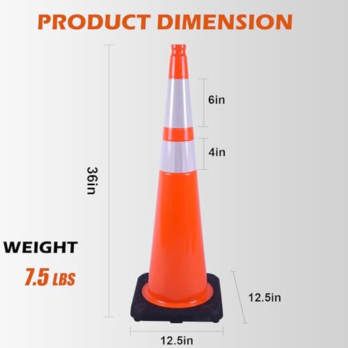 6 Pack 36 Inch Orange PVC Traffic Cones with Black Base, Stable Large Size Safety Cones for Highway, Construction, and Outdoor Use (6, Orange, 36 Inch) - color: Orange, size: 36 Inch