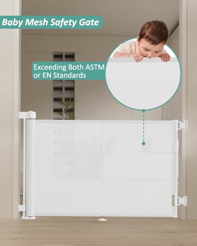 Miumoon 50 inch Reinforced Retractable Baby Gates 34 inch Tall - color: White, size: 34" Tall x 50" Wide