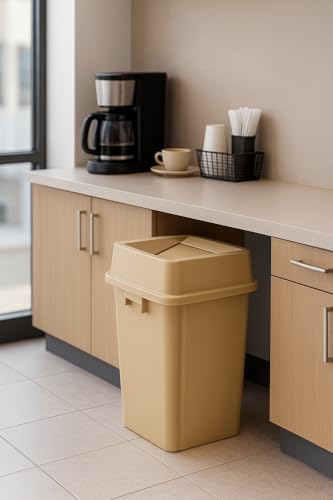 1 Pack Beige 19 Gallon Square Commercial Trash Can with Lid, Heavy Duty Plastic Waste Bin with Venting Channels and Built-in Handles - color: Beige, size: 19 Gallon