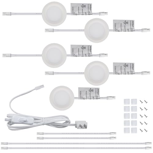 LUMILAND Wired LED Puck Lights 120V (2.7Wx5) Plug-in Lighting Warm White, LED Cabinet Light for Kitchen Can Be Surface Mount or Recess Mount, White - color: White-5 Pack, size: 3000K