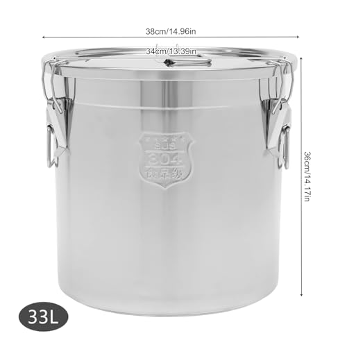 304 Stainless Steel Airtight Canister for Kitchen, 8.7Gal Canisters Container with Lids and Sturdy Locking Clamp,Bucket Food Storage Containers Airtight for Flour Coffee Bean Tea (33L) - size: 33L