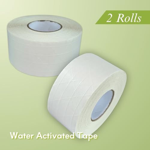 2 Rolls Reinforced Water Activated Tape,2" x150ft(50yds) Per Roll,White Gummed Kraft Paper Tape with Strong Fiberglass,Adhesive Surface is Sticky When Wet.Suit for Packing Boxes.
