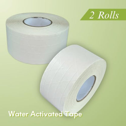 2 Rolls Reinforced Water Activated Tape,2" x150ft(50yds) Per Roll,White Gummed Kraft Paper Tape with Strong Fiberglass,Adhesive Surface is Sticky When Wet.Suit for Packing Boxes.