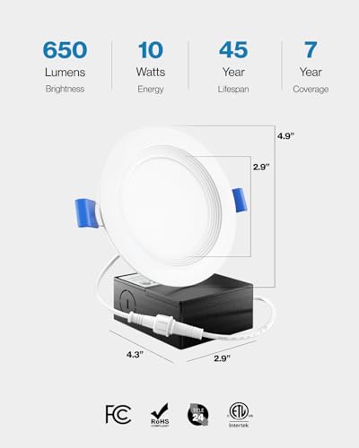 Sunco 24 Pack 4 Inch Canless LED Recessed Light, 10W, 3000K Warm White