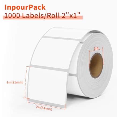 2x1inch Direct Thermal Label Paper for Barcodes, Shipping, 1000 Labels Per Roll White, Compatible with Rollo Label Printer & Zebra Desktop Printers - size: 2" x 1"