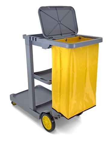 Compact Size Janitorial Cart | 3 Shelves | 25 Gallon Vinyl Bag with Cover | 450 LBS Capacity | Gray