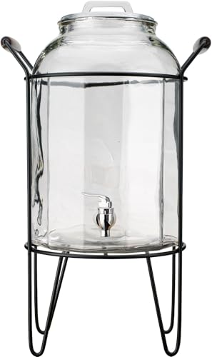 3 Gallon Glass Ice Cold Beverage Dispenser - With Glass Lid and Handle Drink Dispenser With Metal Stand, 100% Leak Proof Spigot- Wide Mouth Easy Filling For Outdoor, Parties & Daily Use - color: Clear Stand-3 Gallon