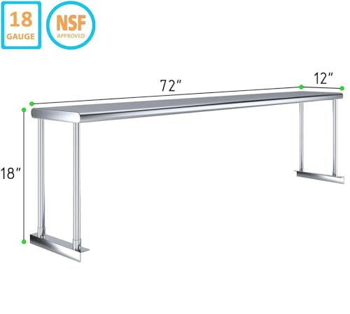 Stainless Steel Single Overshelf for 72" Prep Table – 12" Deep - size: 12"x72"