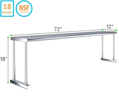 Stainless Steel Single Overshelf for 72" Prep Table – 12" Deep - size: 12"x72"