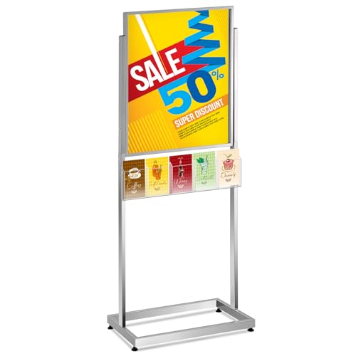 Zonon 22" x 28" Metal Poster Sign Holder Floor Stand with 5 Pocket Acrylic Brochure Holder 4x9 Floor Standing Double Side Slide in Heavy Duty 63" H Non Slip for Display Outdoor Indoor Store (Silver) - color: Silver