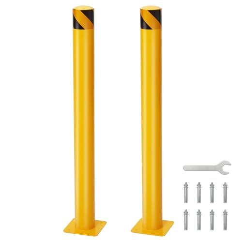 2-Pack 48 Inch Steel Safety Bollards, 4.5 Inch Diameter Parking Bollard Post with 8 Anchor Bolts, Yellow Safety Steel Bollard Post for Driveway Barrier, Traffic Control & Storefront Protection - size: 48 Inch