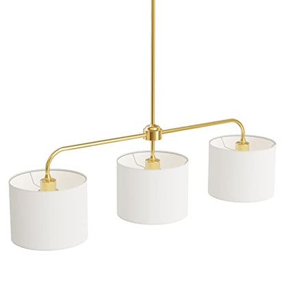Electro bp 3-Light White Linen Drum Shade Chandelier with Polished Gold Metal Linear Pendant Light Fixture for Kitchen Island, Dining Table, E26, 180W - color: Gold 3-Light Linear
