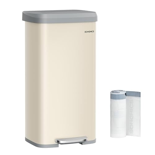 SONGMICS Kitchen Trash Can, 18-Gallon (68 L) Stainless Steel, Soft Closure - color: Sand Beige + Dove Gray, style: 18 Gallons