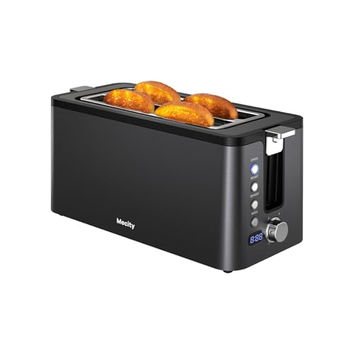Mecity 4 Slice Toaster, Long Slot Toaster with Timer, Bagel, Defrost, Reheat, Cancel Functions, Warming Rack, Removable Tray, 6 Browning Settings, Extra Wide Slots, Stainless Steel, 1300W - size: 2 Long Slots
