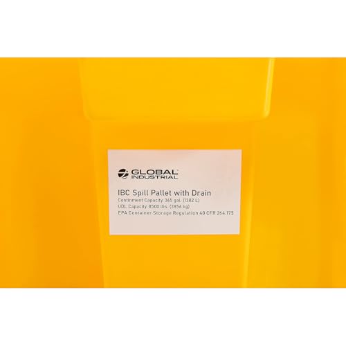 Global Industrial IBC Spill Containment Pallet with Drain, 4-Way Forklift Pockets, 365 Gallon Capacity, 8000 Lbs Capacity, 66"W x 66"D x 30"H, Bright Yellow