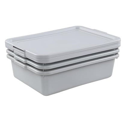 3 Packs 15 L Plastic Bus Tubs with Lids, Commercial Bus Box, Gray