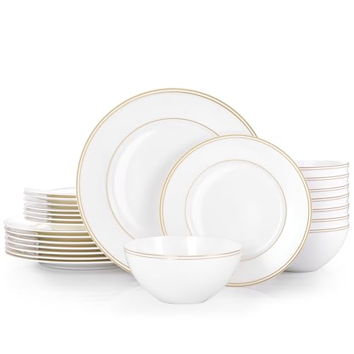 KINGSTONE 24Pcs Gold Trim White Bone China Set, Service for 8 - color: White-gold trim, size: service for 8-24pcs