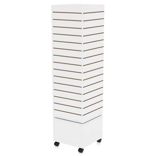 WISDOMFUR Rotating Slatwall Display Rack with Wheels, 4-Sided Retail Merchandise Display Tower, White, 16" W x 16" D x 60" H - color: White