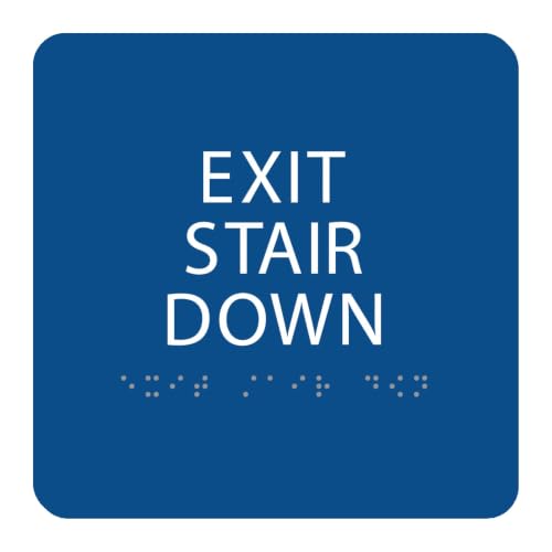 Alpha Dog Exit Stair Down Sign, 6x6 ADA Braille Sign, Blue - color: Blue, size: Exit Stair Down
