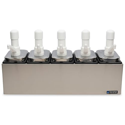 San Jamar P9715 Stainless Steel Condiment Pump Service Center with 5 Wells Black Jars, 24" Length x 7-7/8" Width x 12-1/2" Height - style: 5 Pumps