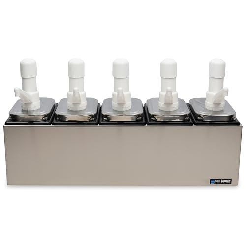 San Jamar P9715 Stainless Steel Condiment Pump Service Center with 5 Wells Black Jars, 24" Length x 7-7/8" Width x 12-1/2" Height - style: 5 Pumps